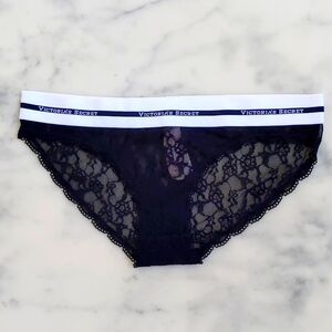 NWT. Victoria's Secret Low-Rise Bikini All Black Lace with Waistband Logo Panty.